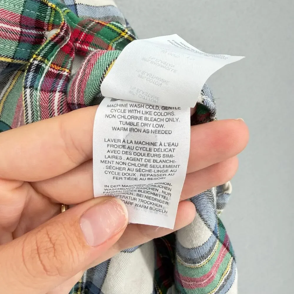 J. Crew Cotton Ivory Blue Green Plaid Plus Tartan Button Down Collared Top
